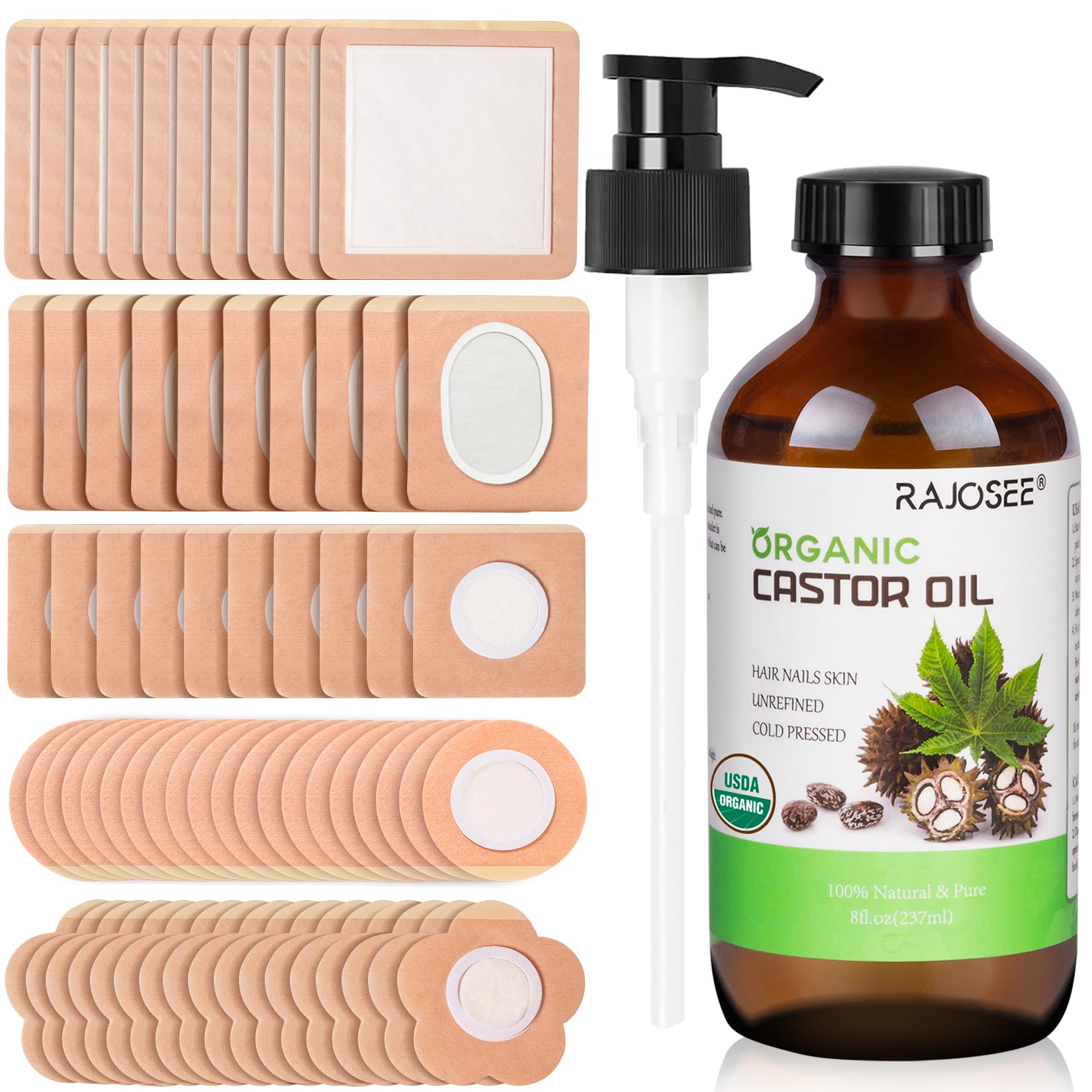 70 Pcs Castor Oil Pack with Castor Oil Organic Cold Pressed Glass Bottle 8oz, Cotton Caster Oil Wrap for Waist Back Neck Arm, Self-Adhesive for Convenient Use