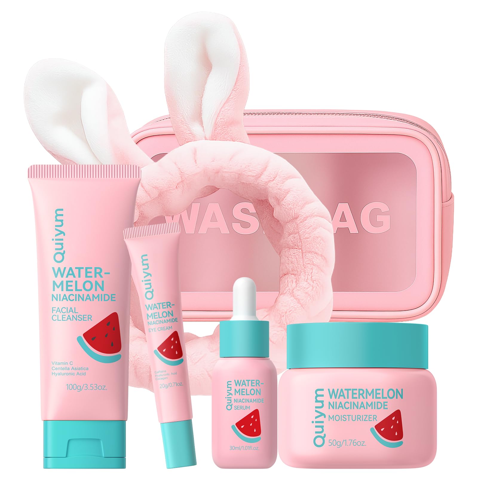 QUIYUM Watermelon Niacinamide Skin Care Set, Routine Beauty Skincare for Teens- Gift Set with Cleanser, Toner, Eye Cream, Cream, Serum, Facial Juicy Glow Up for Women, Girls, for All Skin Types (5PCS)