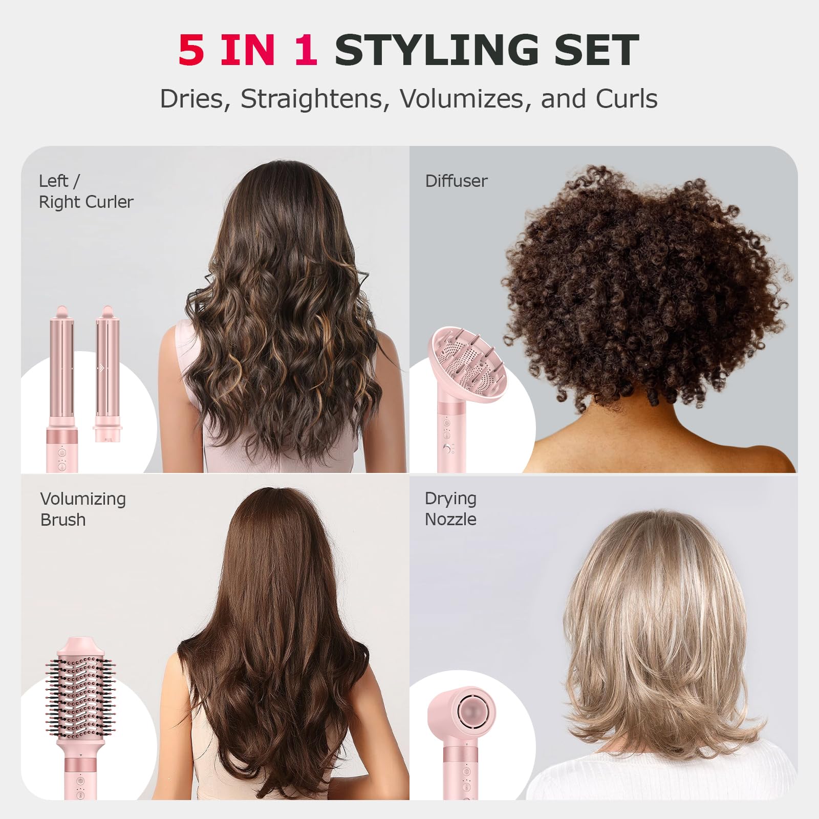 5 in 1 Hot Air Styler Wrap - High-Speed Hair Dryer, Volumizing Brush with Auto Curlers, Fast Drying & Frizz-Free Styling Straightening, No Heat Damage, Includes Travel Bag, Gift for Women