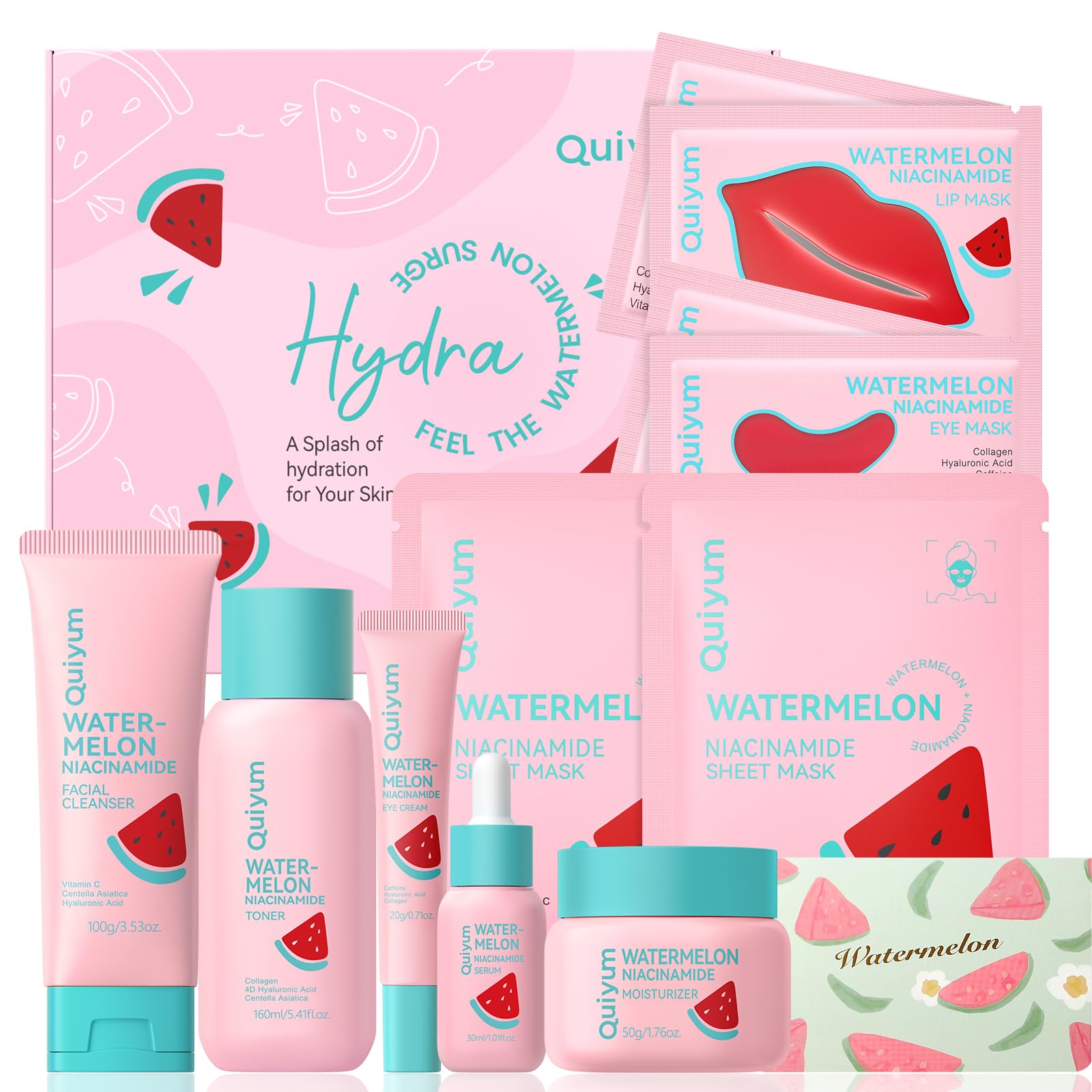 QUIYUM Watermelon Niacinamide Skin Care Set, Routine Beauty Skincare for Teens- Gift Set with Cleanser, Toner, Eye Cream, Cream, Serum, Facial Juicy Glow Up for Women, Girls, for All Skin Types (5PCS)