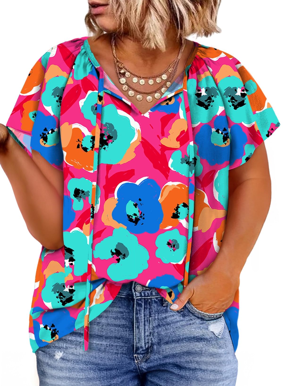 Eytino Women Plus Size Tops Boho Printed V Neck Short Sleeve Drawstring Casual Chiffon Shirts Blouse(1X-5X)