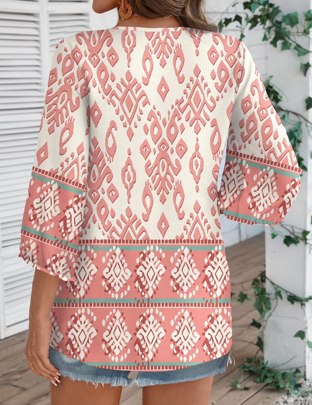 Rapbin Women Summer Boho Tops 3/4 Sleeve Pleated Blouses Casual V Neck Tie Front Spring Tunic Tops