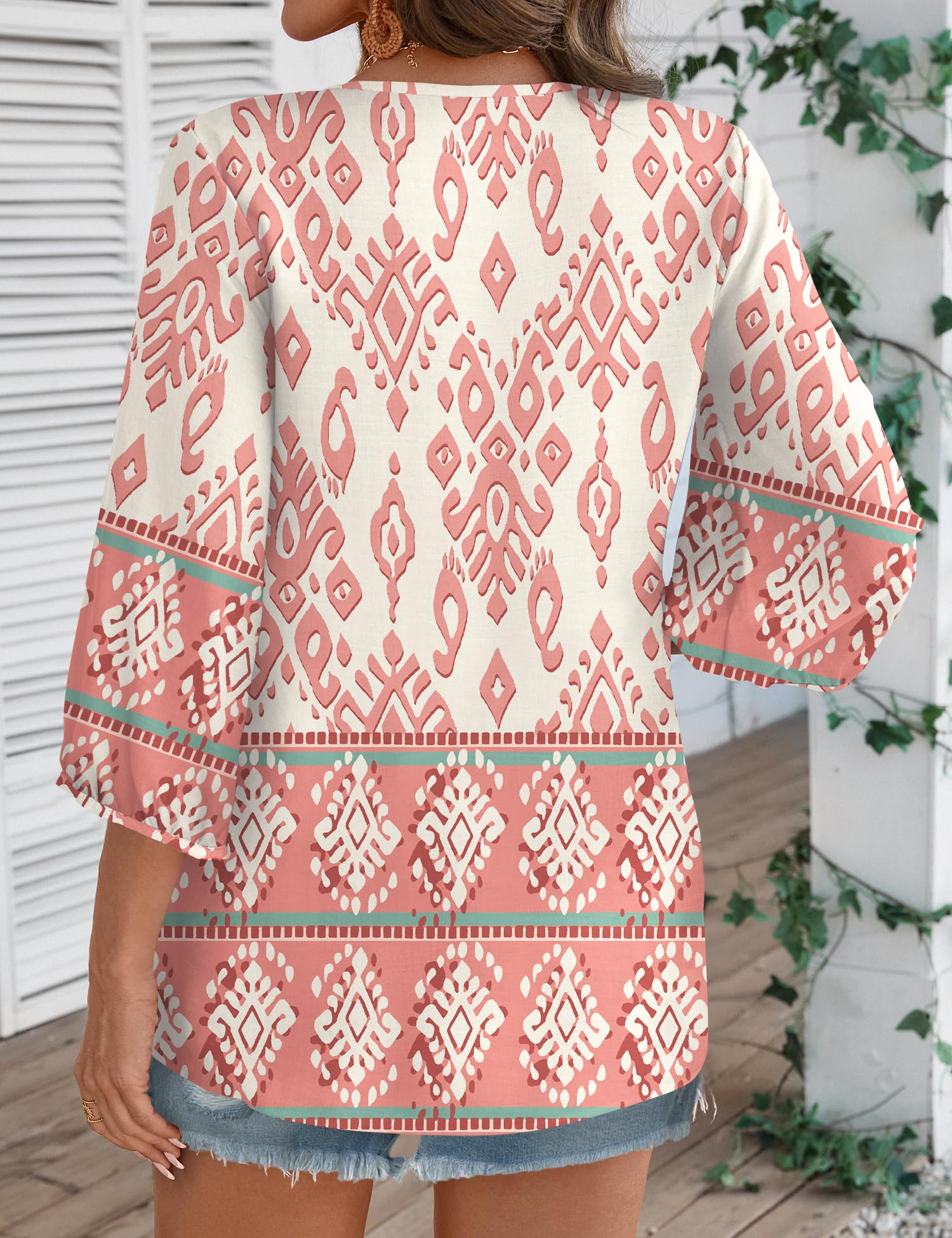 Rapbin Women Summer Boho Tops 3/4 Sleeve Pleated Blouses Casual V Neck Tie Front Spring Tunic Tops