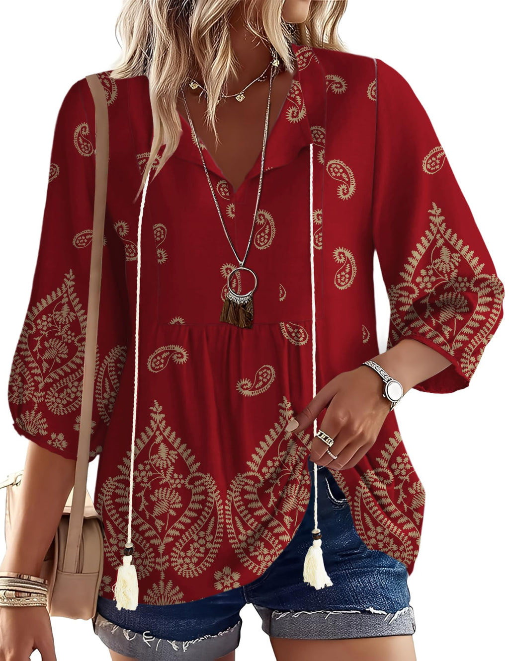 Rapbin Women Summer Boho Tops 3/4 Sleeve Pleated Blouses Casual V Neck Tie Front Spring Tunic Tops