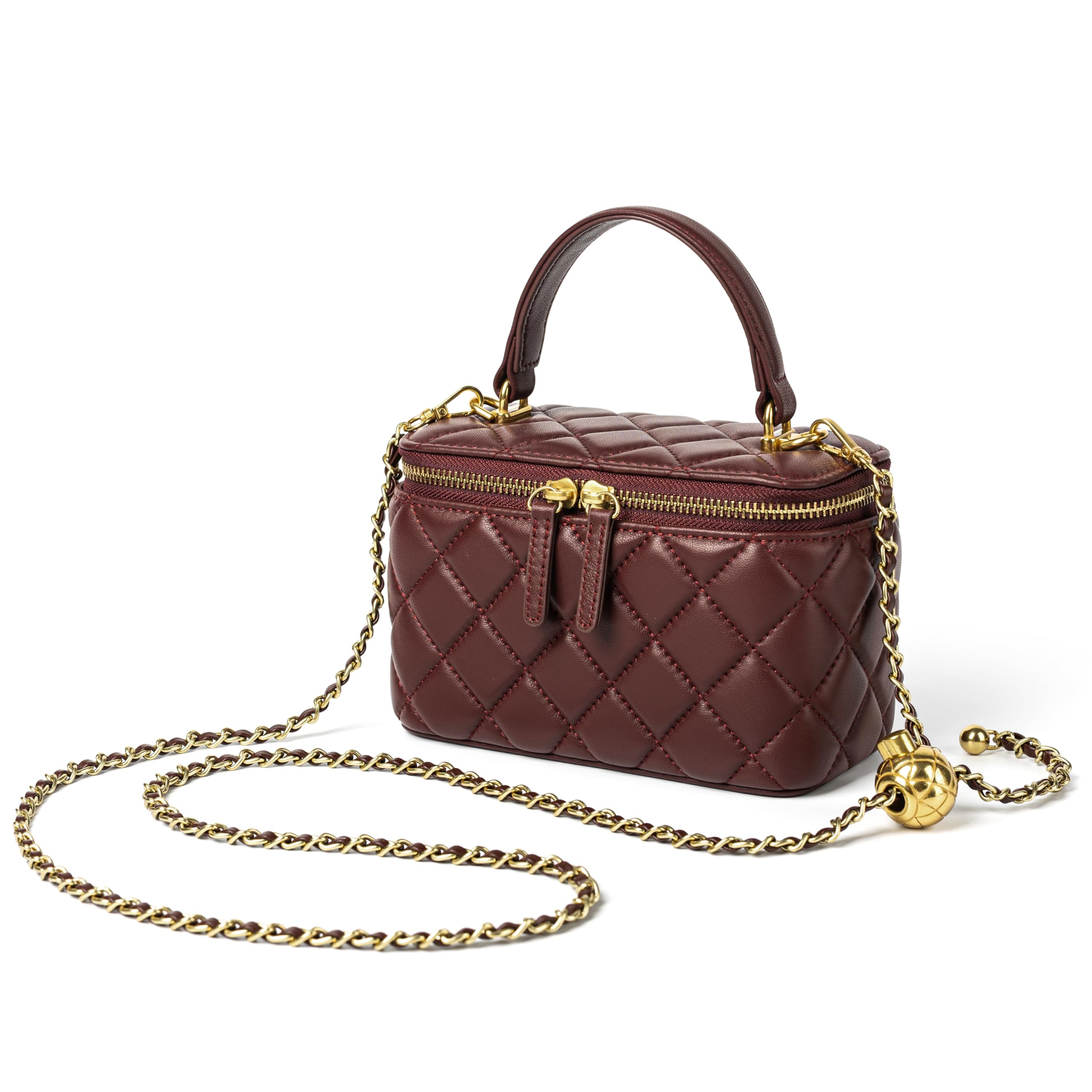 DORIS&JACKY Small Quilted Box Crossbody Purse For Women, Designer Lambskin Leather Mini Top Handle Tote Bag With Chain Strap