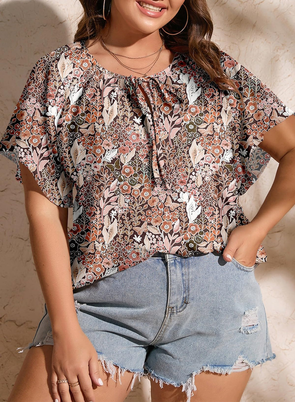 Eytino Women Plus Size Tops Boho Printed V Neck Short Sleeve Drawstring Casual Chiffon Shirts Blouse(1X-5X)