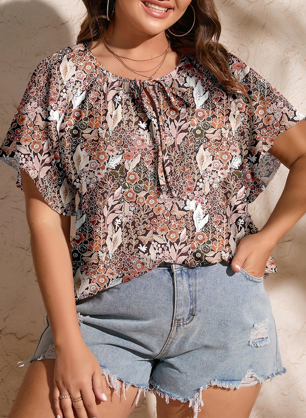Eytino Women Plus Size Tops Boho Printed V Neck Short Sleeve Drawstring Casual Chiffon Shirts Blouse(1X-5X)