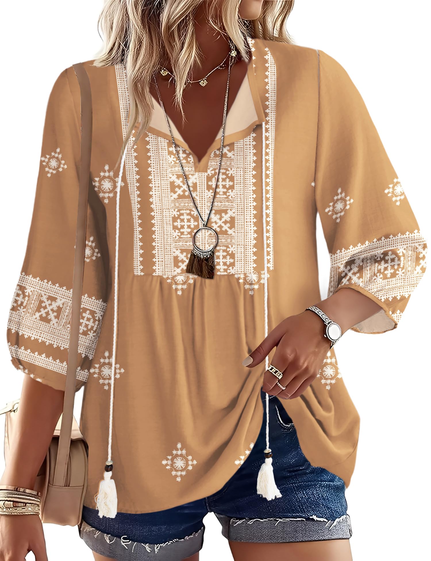 Rapbin Women Summer Boho Tops 3/4 Sleeve Pleated Blouses Casual V Neck Tie Front Spring Tunic Tops