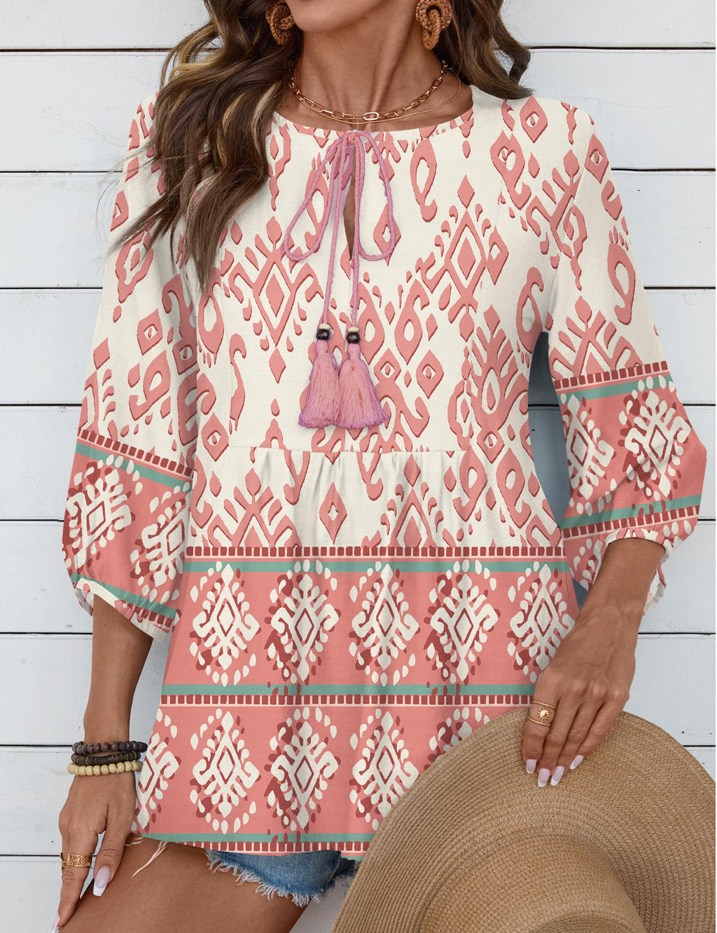 Rapbin Women Summer Boho Tops 3/4 Sleeve Pleated Blouses Casual V Neck Tie Front Spring Tunic Tops