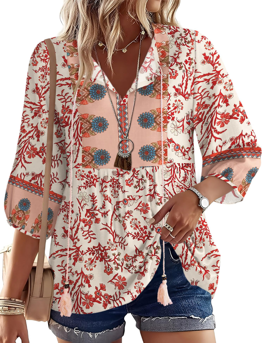 Rapbin Women Summer Boho Tops 3/4 Sleeve Pleated Blouses Casual V Neck Tie Front Spring Tunic Tops