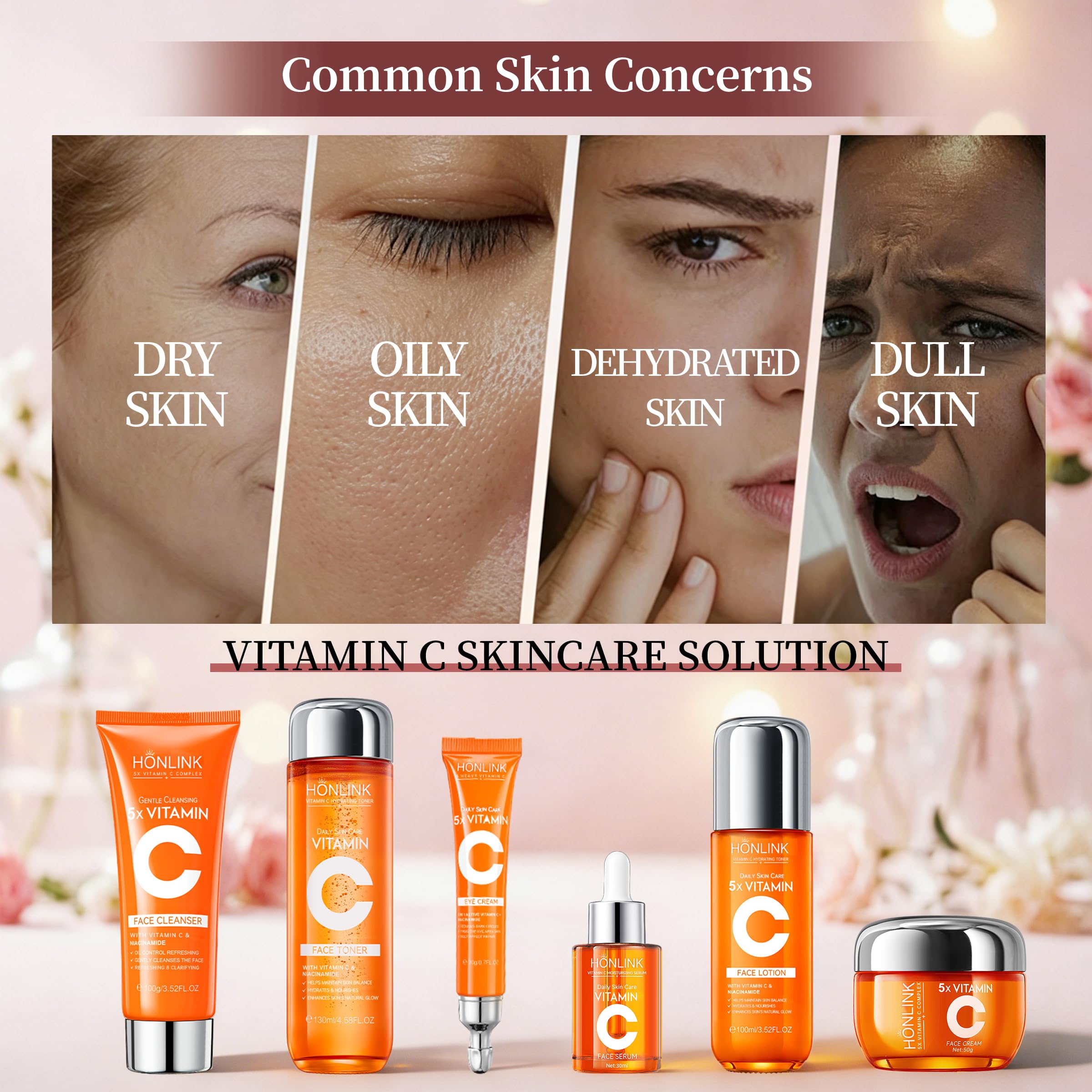 6-Piece Hydrating Skincare Set with Vitamin C & Niacinamide, Face Care Kit Includes Toner, Serum, Cleanser, Moisturizer, Eye Cream & Body Lotion | Mother’s Day Gift for Women