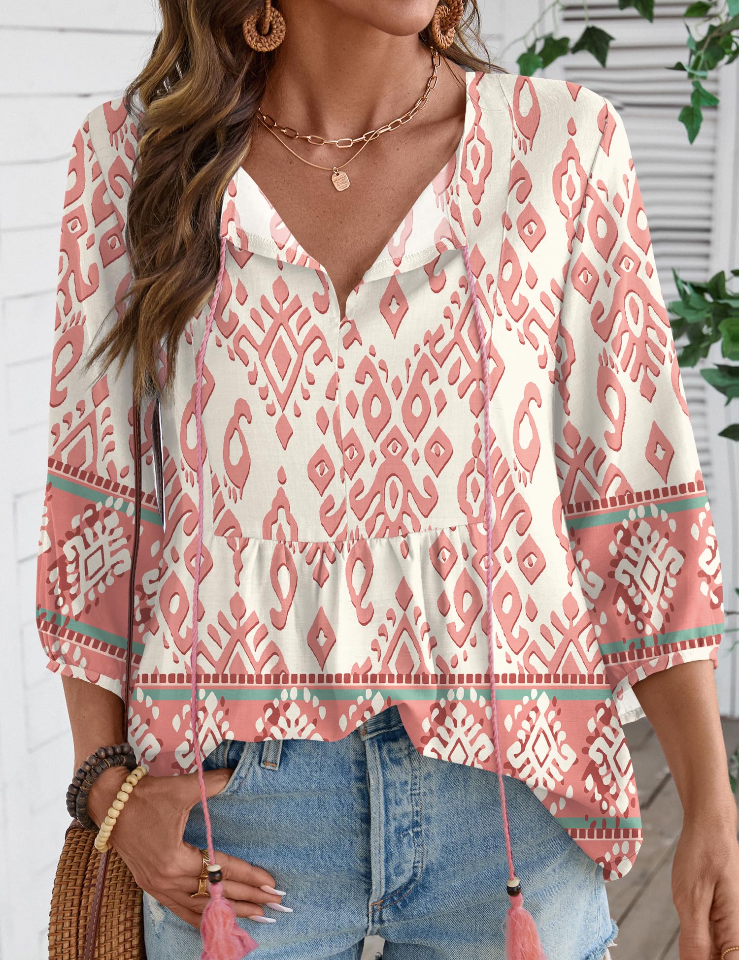 Rapbin Women Summer Boho Tops 3/4 Sleeve Pleated Blouses Casual V Neck Tie Front Spring Tunic Tops