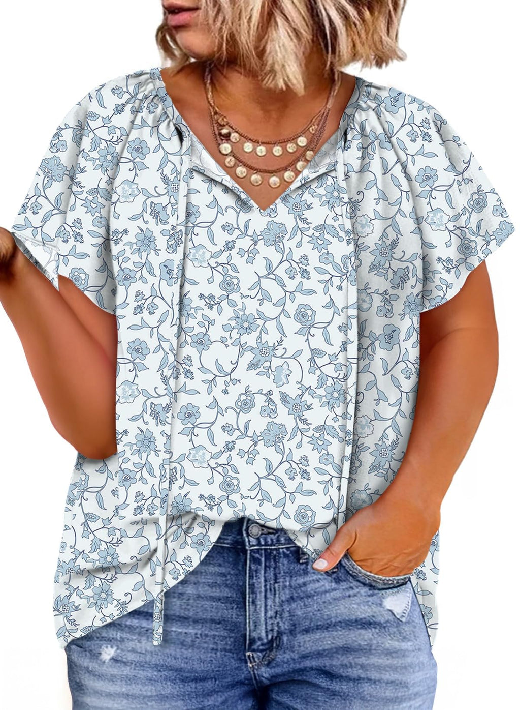 Eytino Women Plus Size Tops Boho Printed V Neck Short Sleeve Drawstring Casual Chiffon Shirts Blouse(1X-5X)