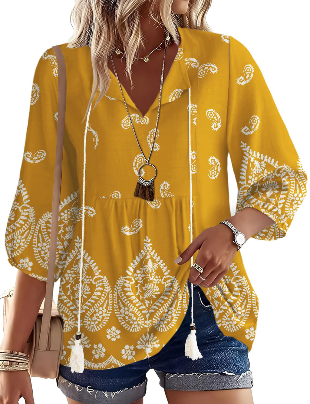 Rapbin Women Summer Boho Tops 3/4 Sleeve Pleated Blouses Casual V Neck Tie Front Spring Tunic Tops