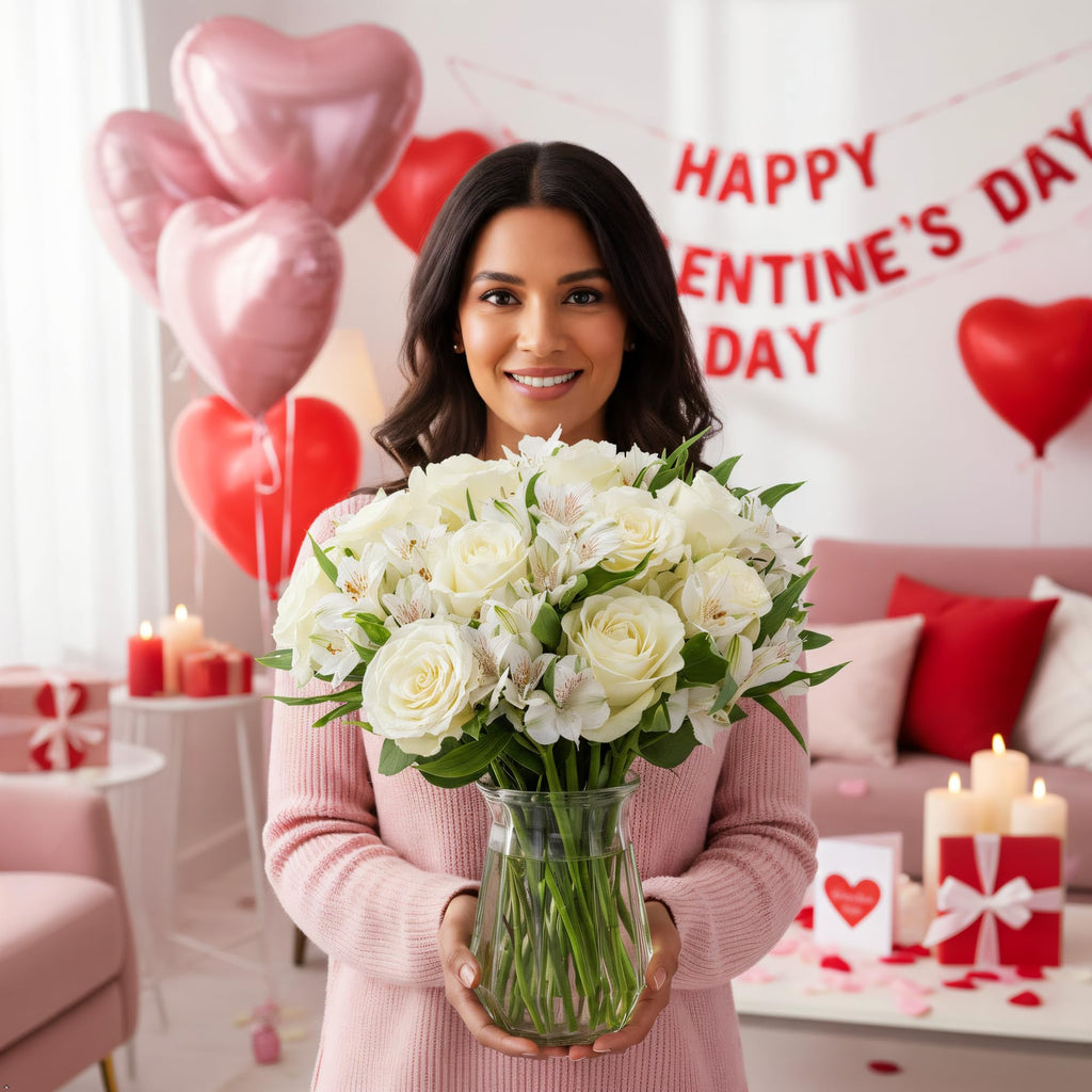 Benchmark Bouquets - Charming Roses & Alstroemeria (Glass Vase Included) - Fresh Flowers for Delivery - Gift for Graduation, Birthday, Anniversary, Sympathy, Get Well, Congratulations