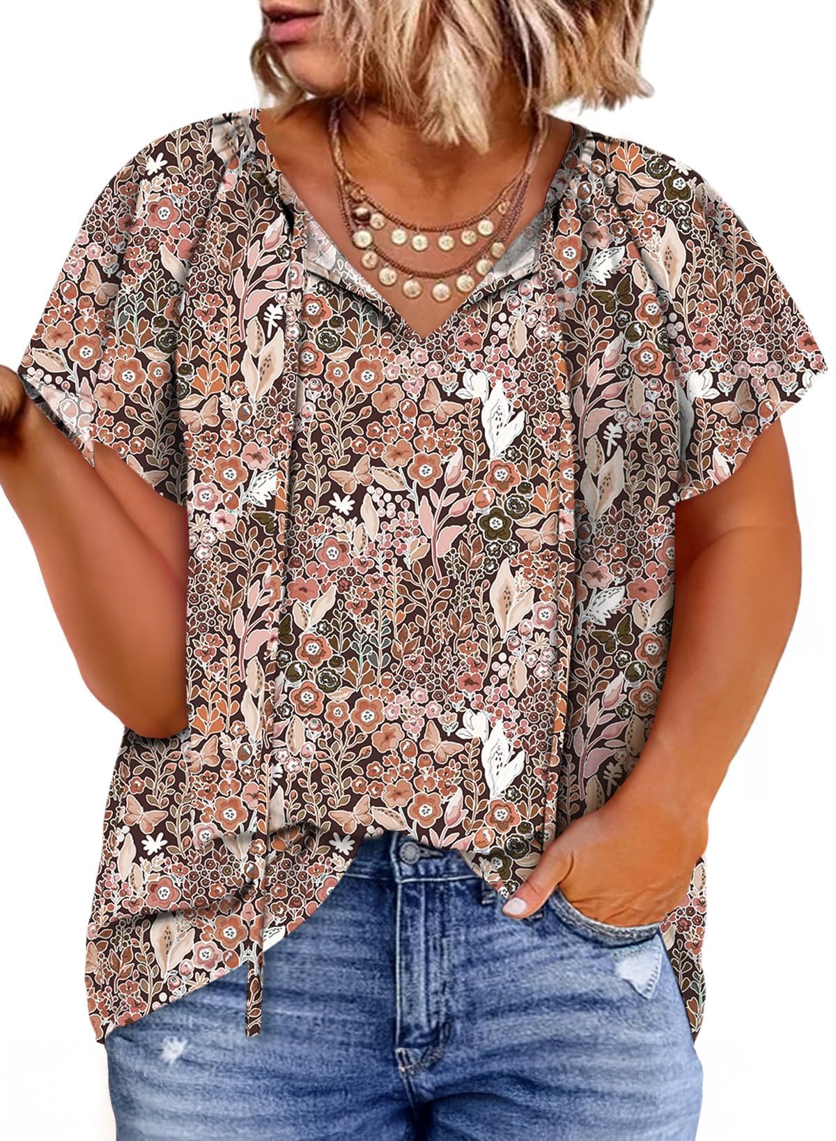Eytino Women Plus Size Tops Boho Printed V Neck Short Sleeve Drawstring Casual Chiffon Shirts Blouse(1X-5X)