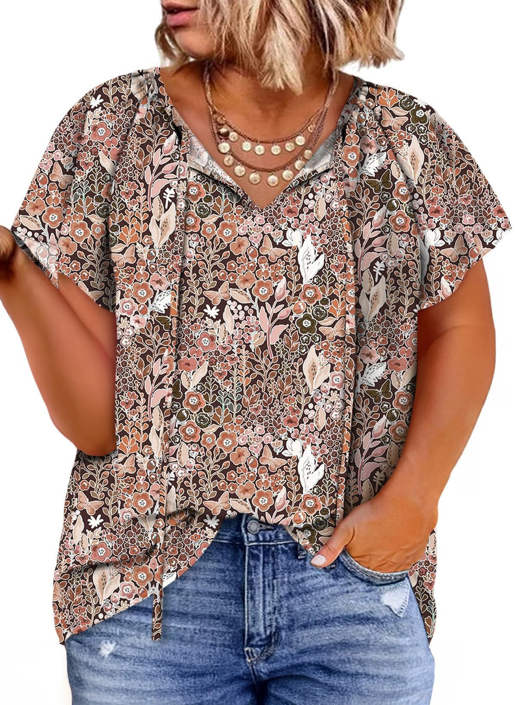 Eytino Women Plus Size Tops Boho Printed V Neck Short Sleeve Drawstring Casual Chiffon Shirts Blouse(1X-5X)