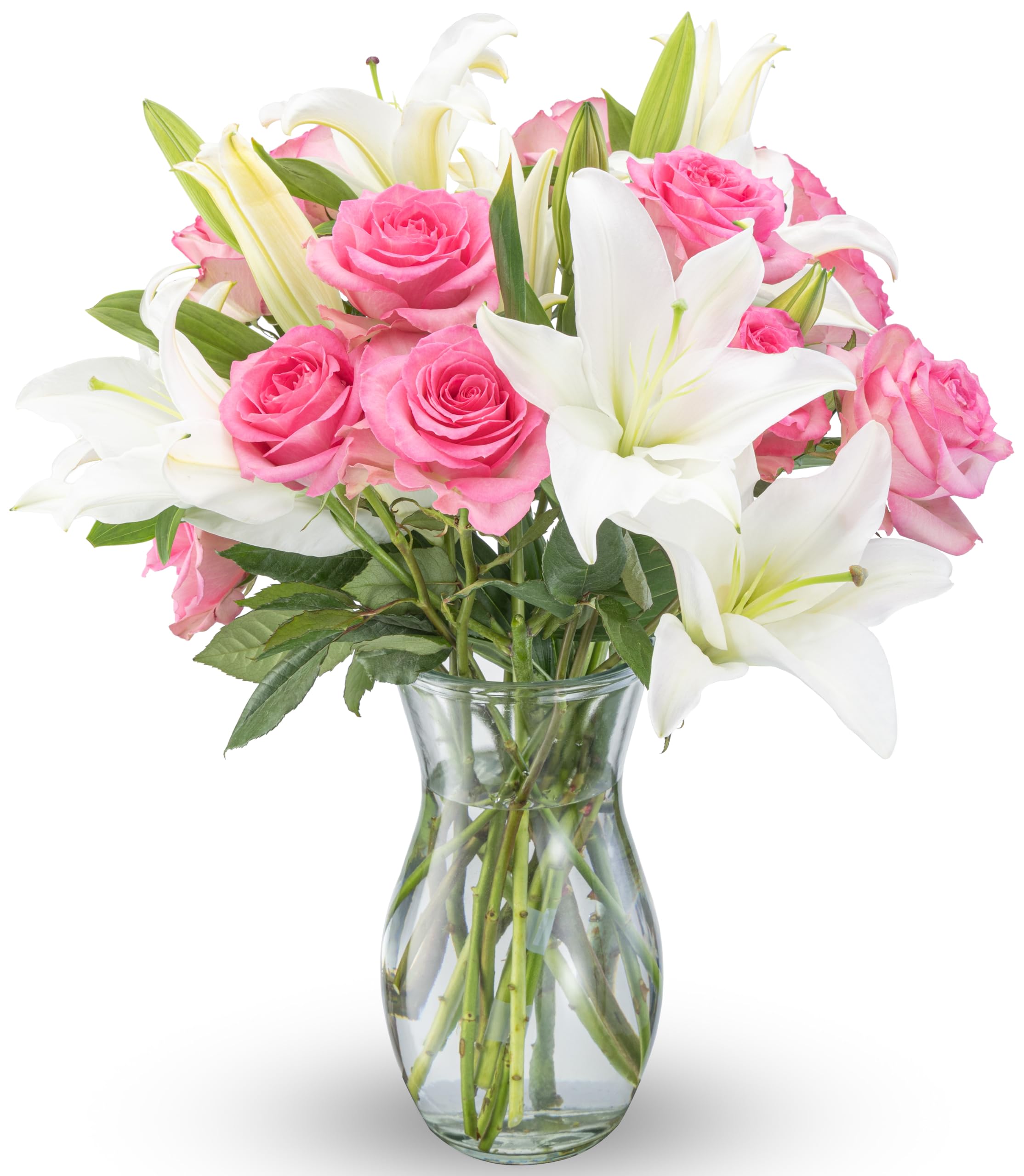Benchmark Bouquets Oriental Lily & Pink Rose Bouquet – Real Fresh Flowers for Delivery – Mothers Day Flowers for Mom – Long Stem Roses Fragrant Lilies – Gifts for Mom & Mother-in-Law – Vase Included