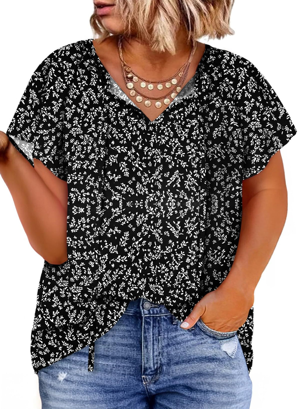 Eytino Women Plus Size Tops Boho Printed V Neck Short Sleeve Drawstring Casual Chiffon Shirts Blouse(1X-5X)