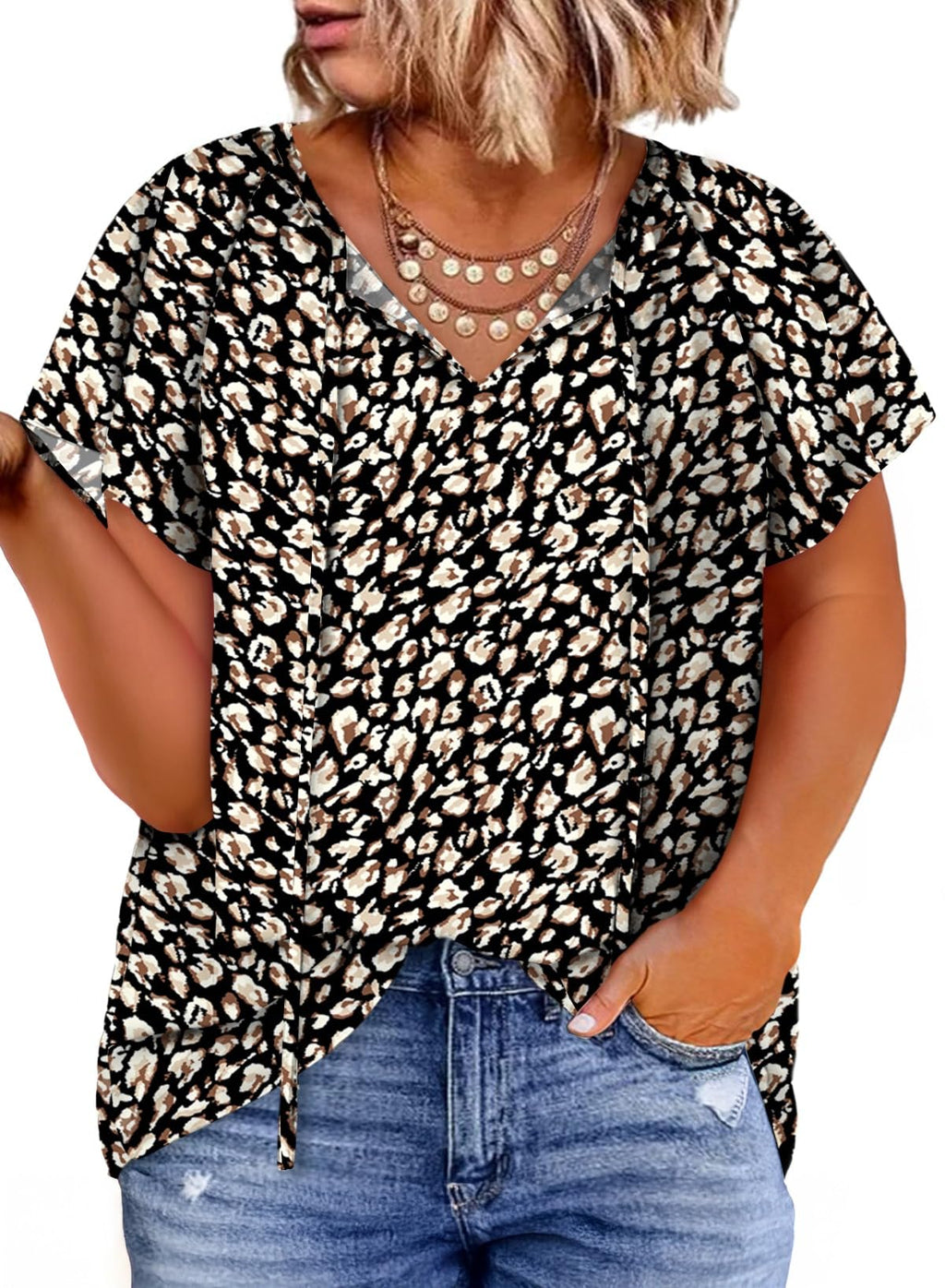 Eytino Women Plus Size Tops Boho Printed V Neck Short Sleeve Drawstring Casual Chiffon Shirts Blouse(1X-5X)