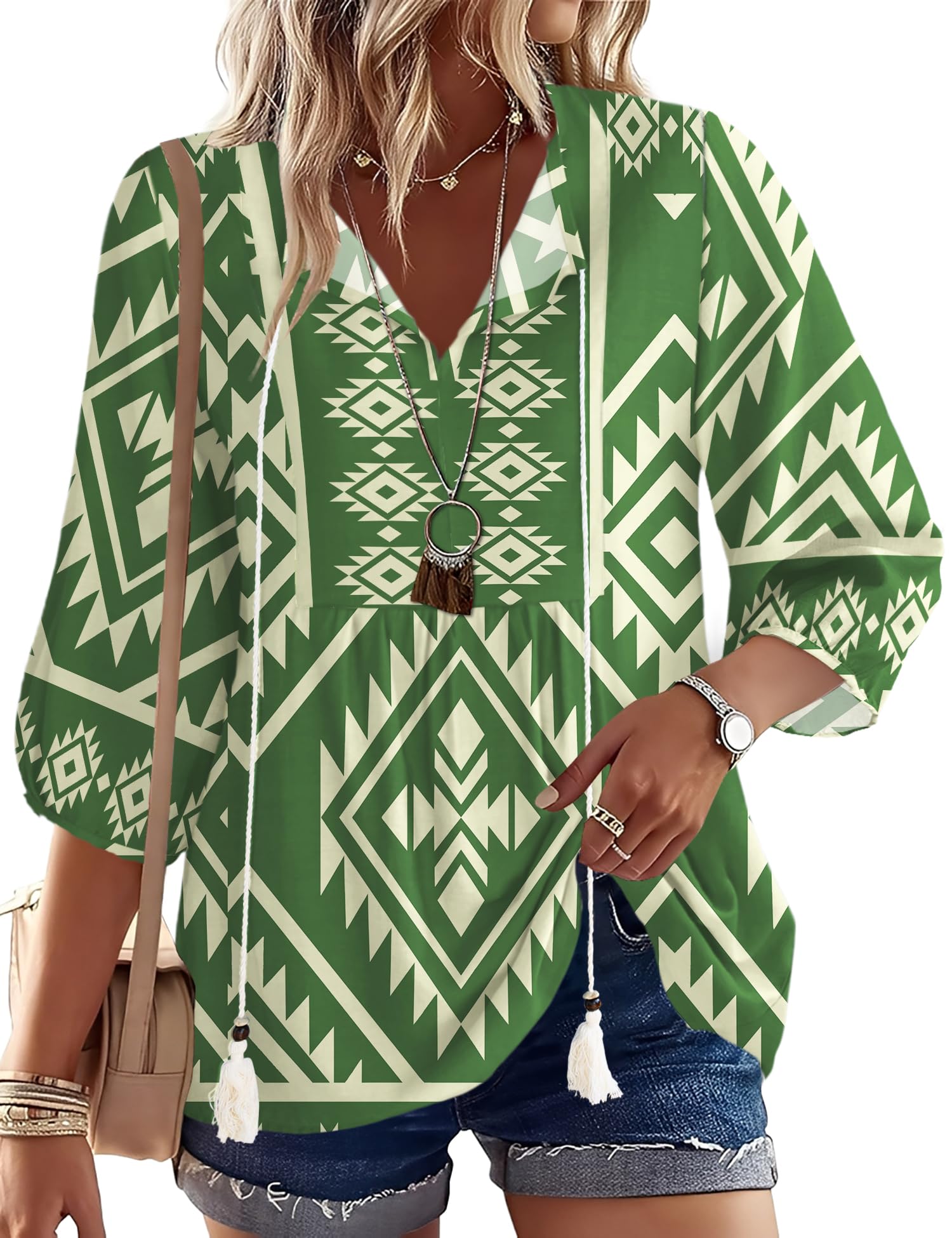Rapbin Women Summer Boho Tops 3/4 Sleeve Pleated Blouses Casual V Neck Tie Front Spring Tunic Tops
