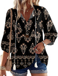 Rapbin Women Summer Boho Tops 3/4 Sleeve Pleated Blouses Casual V Neck Tie Front Spring Tunic Tops