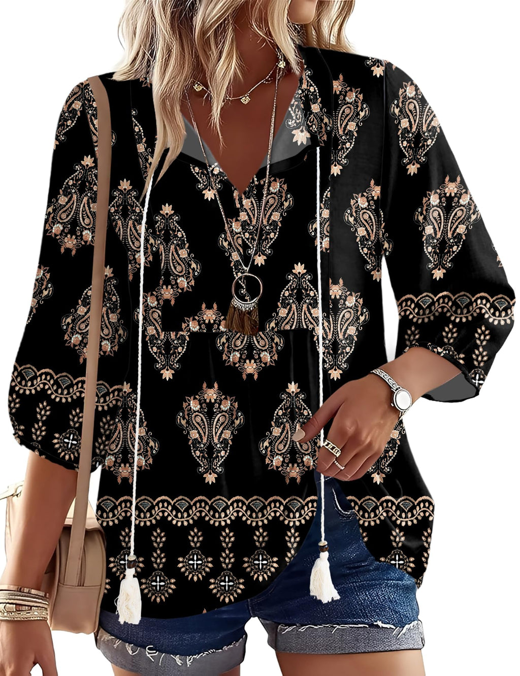 Rapbin Women Summer Boho Tops 3/4 Sleeve Pleated Blouses Casual V Neck Tie Front Spring Tunic Tops