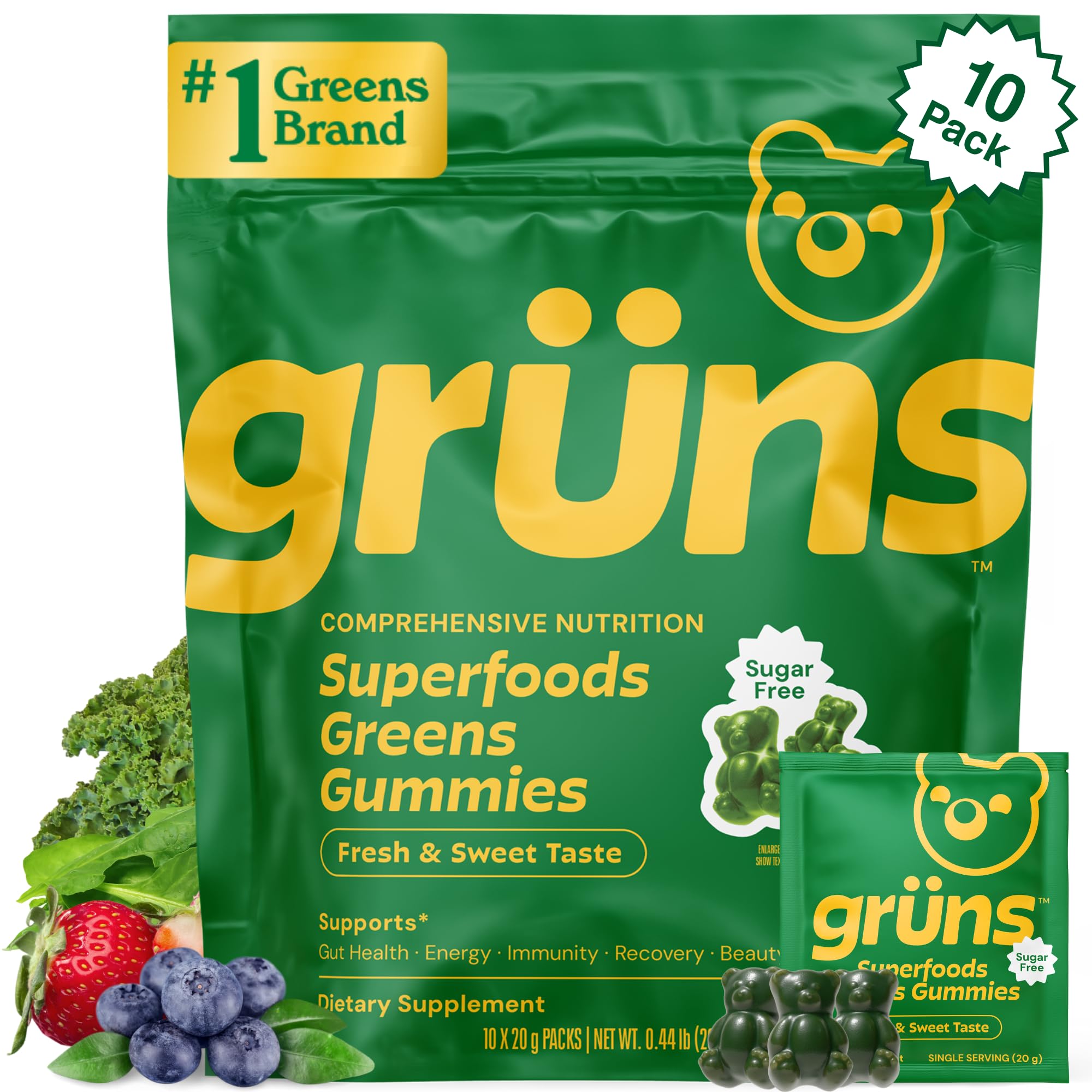 Gruns Adults Super Greens Gummies, Multivitamin Superfood Gummy Bears, Spirulina, Chlorella, Prebiotics & Fiber Gummies for Digestive Health, Adaptogens Supplement, 20 Vitamins & Minerals, 10 Count