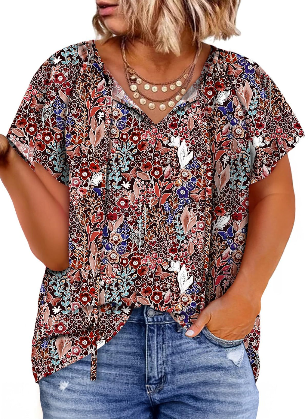 Eytino Women Plus Size Tops Boho Printed V Neck Short Sleeve Drawstring Casual Chiffon Shirts Blouse(1X-5X)