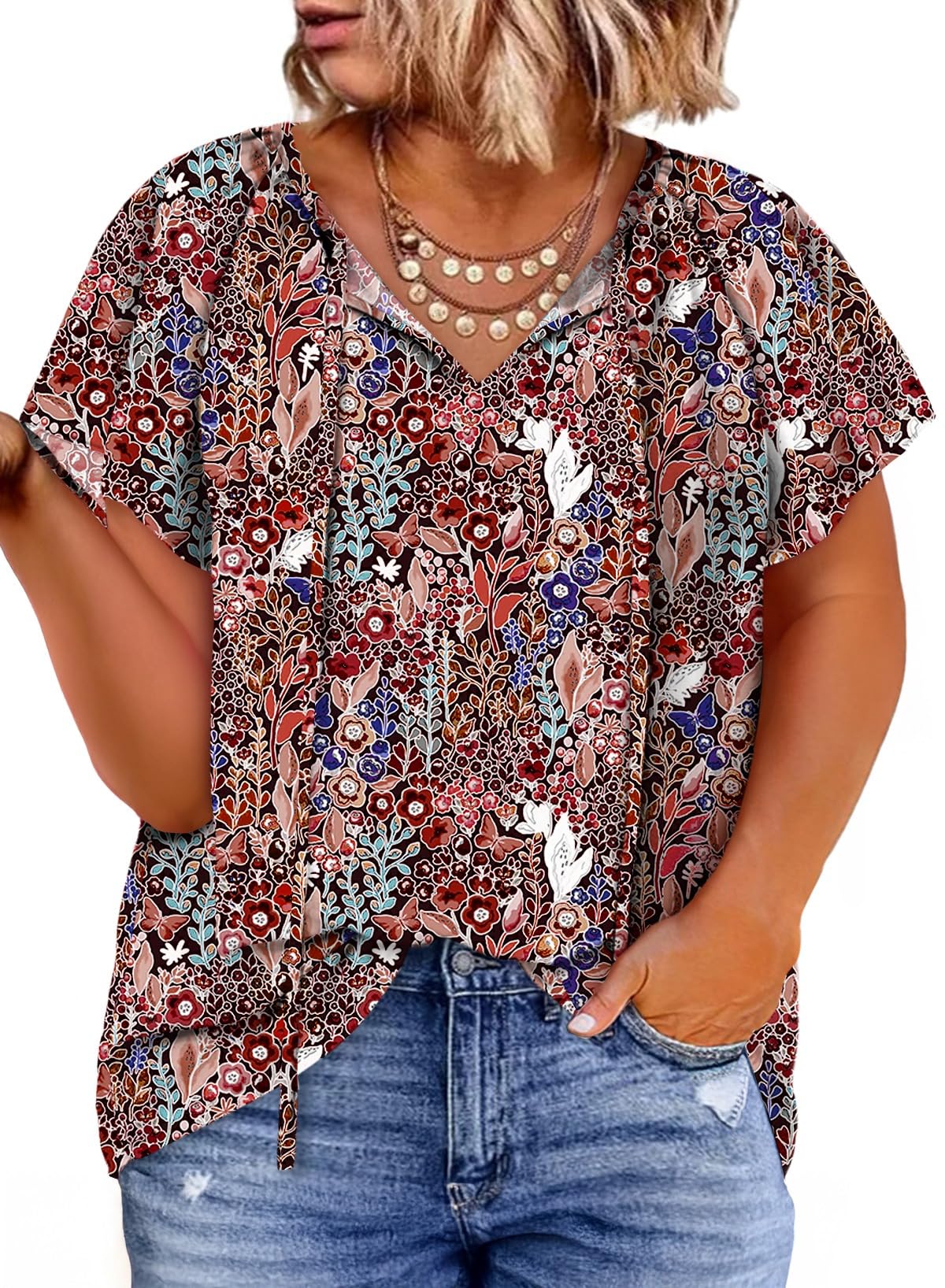 Eytino Women Plus Size Tops Boho Printed V Neck Short Sleeve Drawstring Casual Chiffon Shirts Blouse(1X-5X)