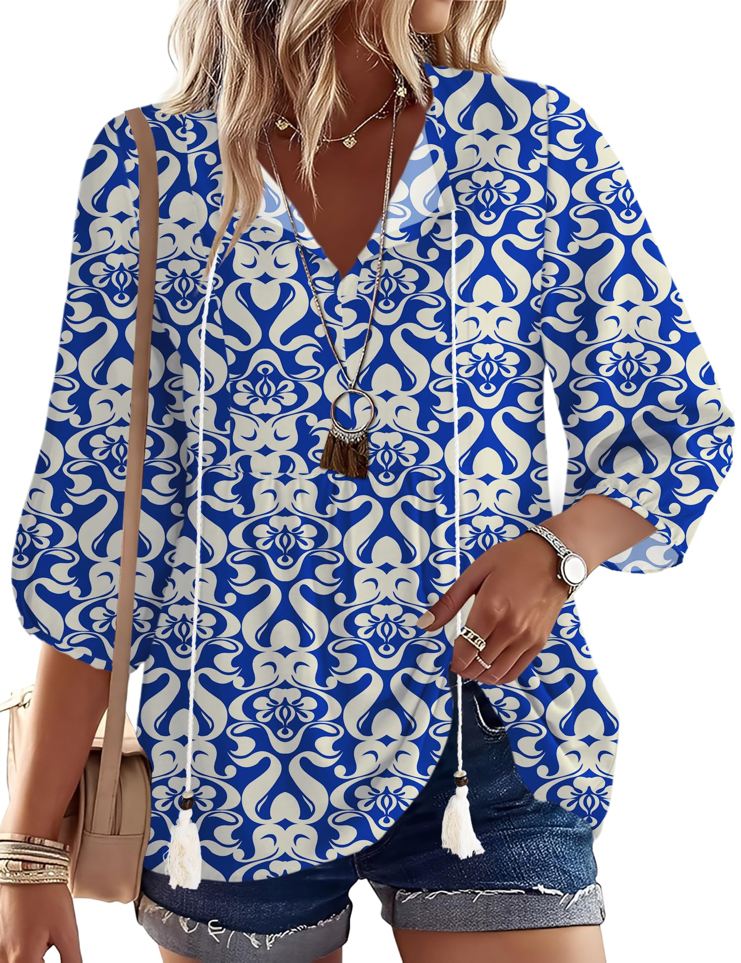 Rapbin Women Summer Boho Tops 3/4 Sleeve Pleated Blouses Casual V Neck Tie Front Spring Tunic Tops