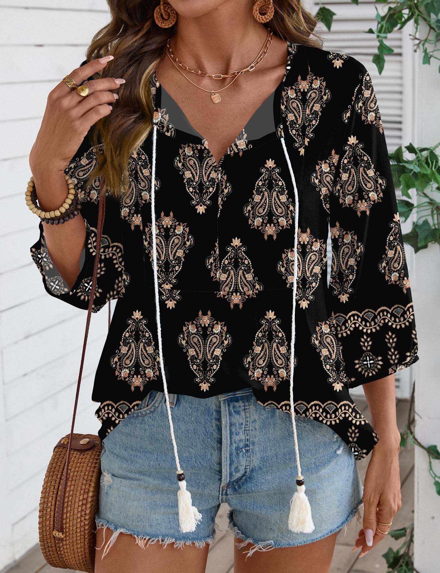 Rapbin Women Summer Boho Tops 3/4 Sleeve Pleated Blouses Casual V Neck Tie Front Spring Tunic Tops