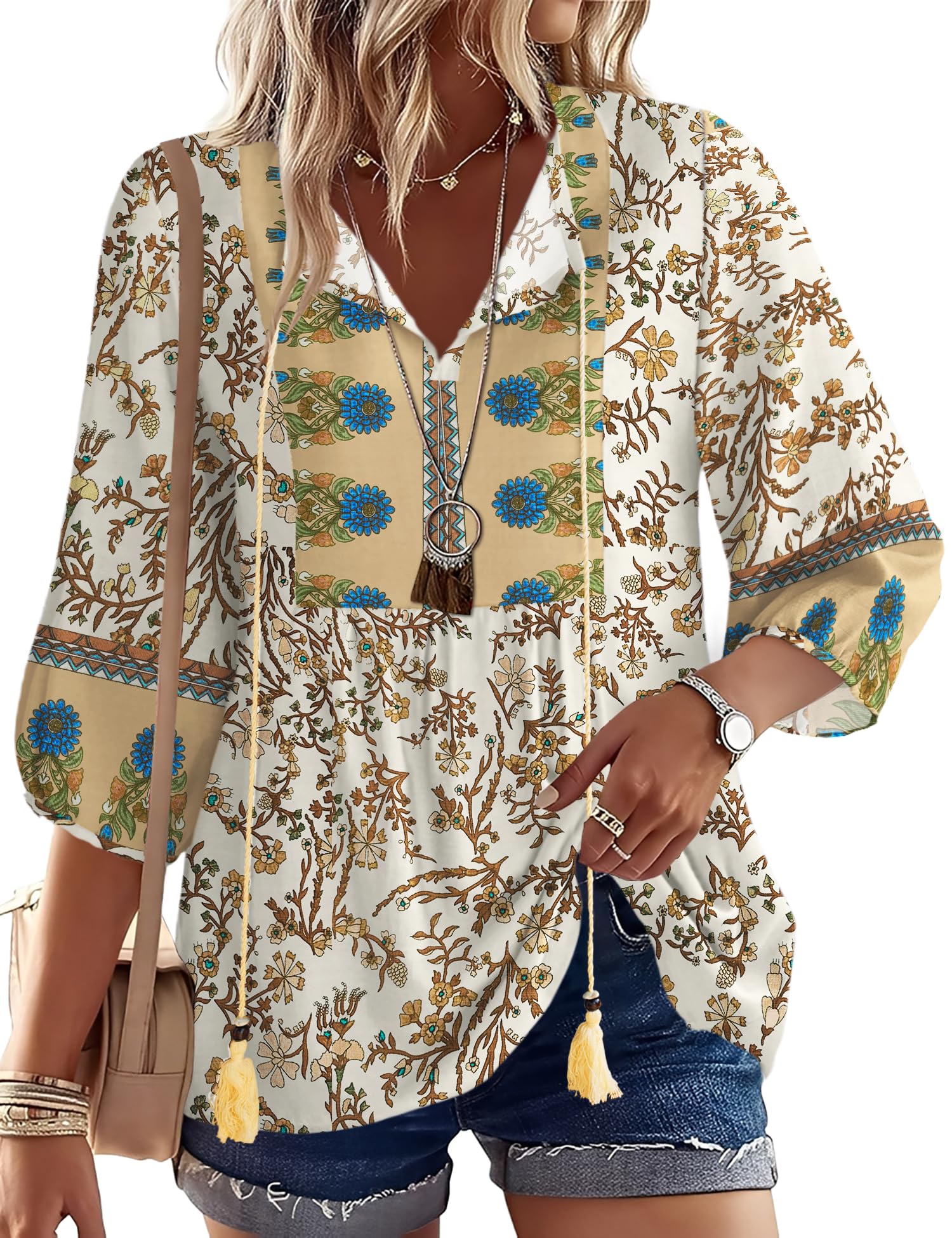 Rapbin Women Summer Boho Tops 3/4 Sleeve Pleated Blouses Casual V Neck Tie Front Spring Tunic Tops