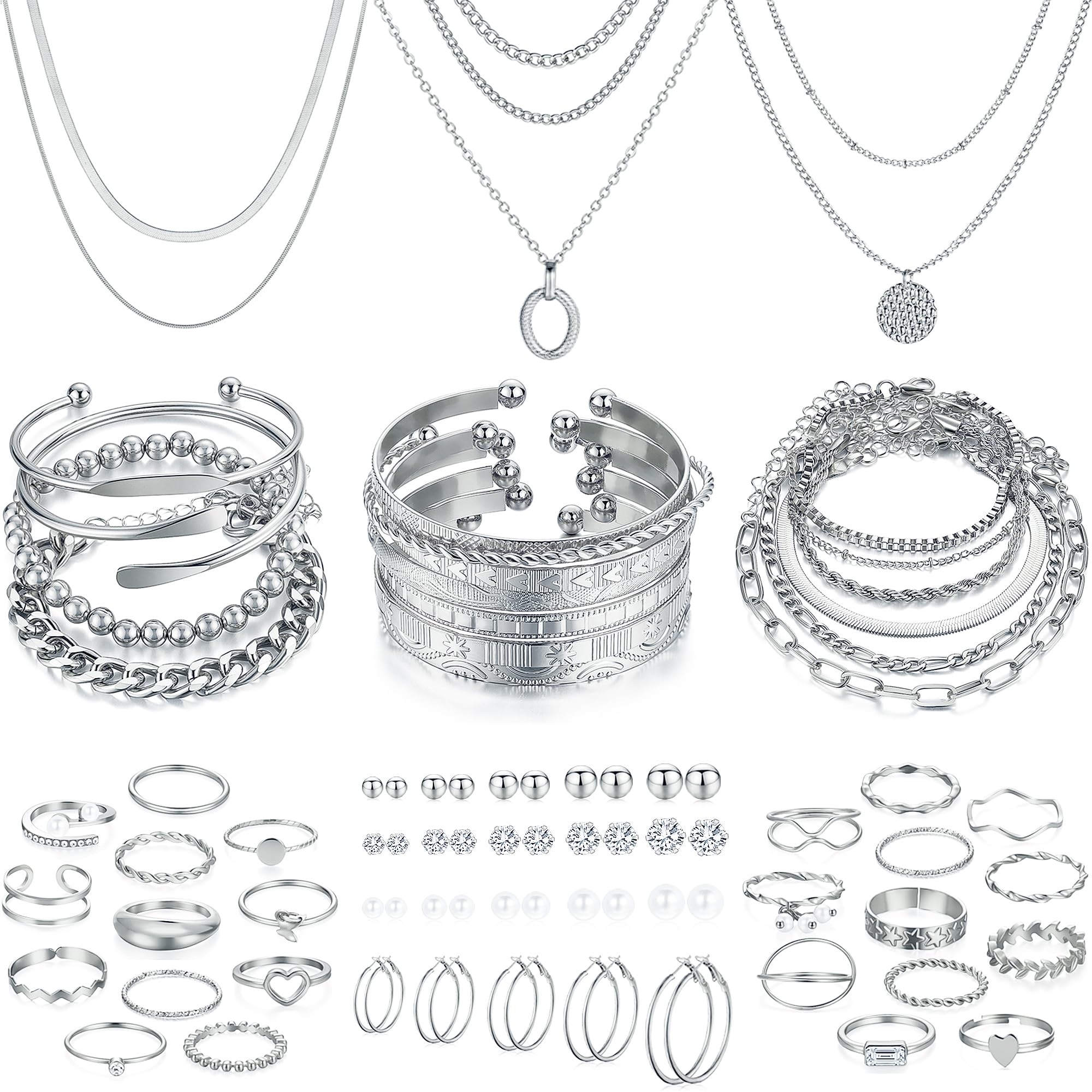 FAXHION 68 Pcs Gold Jewelry Set for Women with 7 Necklace, 17 Bracelet, 5 Hoop Earrings, 15 Stud Earrings, 24 Knuckle Rings for Women Jewelry Set for Women