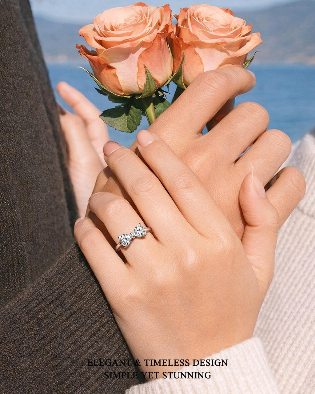 Moissanite Engagement Ring for Women, 1.6CT Two Heart Shaped Bow Ring, S925 Sterling Silver 18K White Gold Plated Stackable Infinity Wedding Band Travel Ring for Her