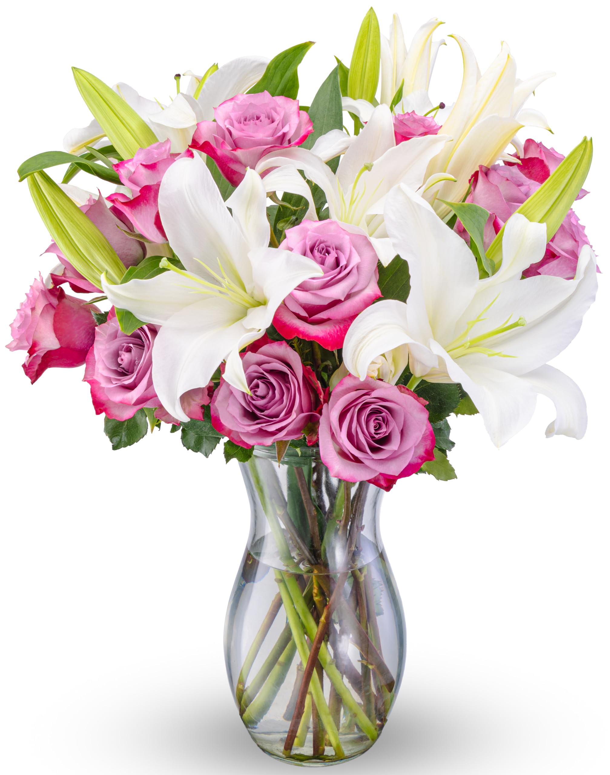 Benchmark Bouquets Oriental Lily & Pink Rose Bouquet – Real Fresh Flowers for Delivery – Mothers Day Flowers for Mom – Long Stem Roses Fragrant Lilies – Gifts for Mom & Mother-in-Law – Vase Included