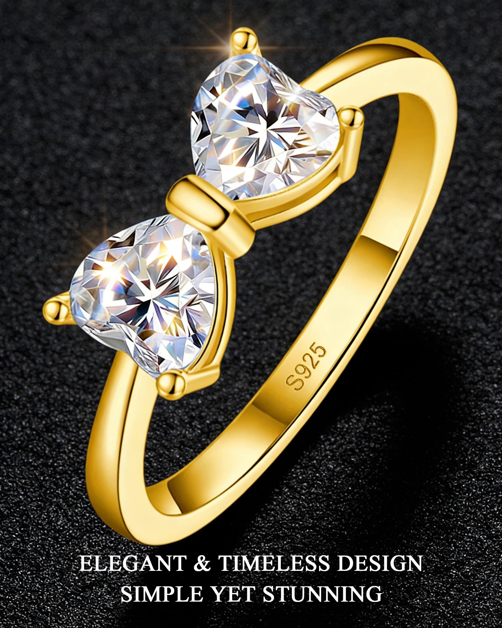 Moissanite Engagement Ring for Women, 1.6CT Two Heart Shaped Bow Ring, S925 Sterling Silver 18K White Gold Plated Stackable Infinity Wedding Band Travel Ring for Her