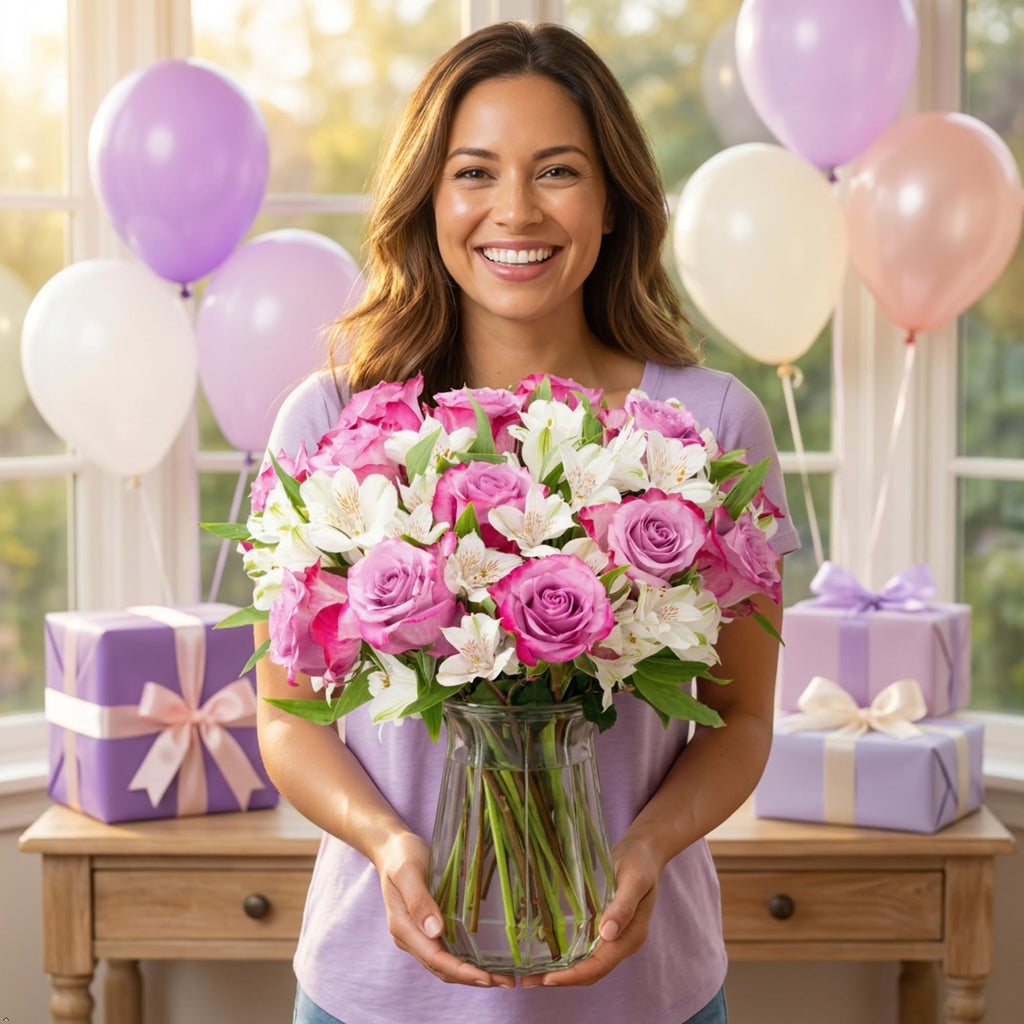 Benchmark Bouquets - Charming Roses & Alstroemeria (Glass Vase Included) - Fresh Flowers for Delivery - Gift for Graduation, Birthday, Anniversary, Sympathy, Get Well, Congratulations