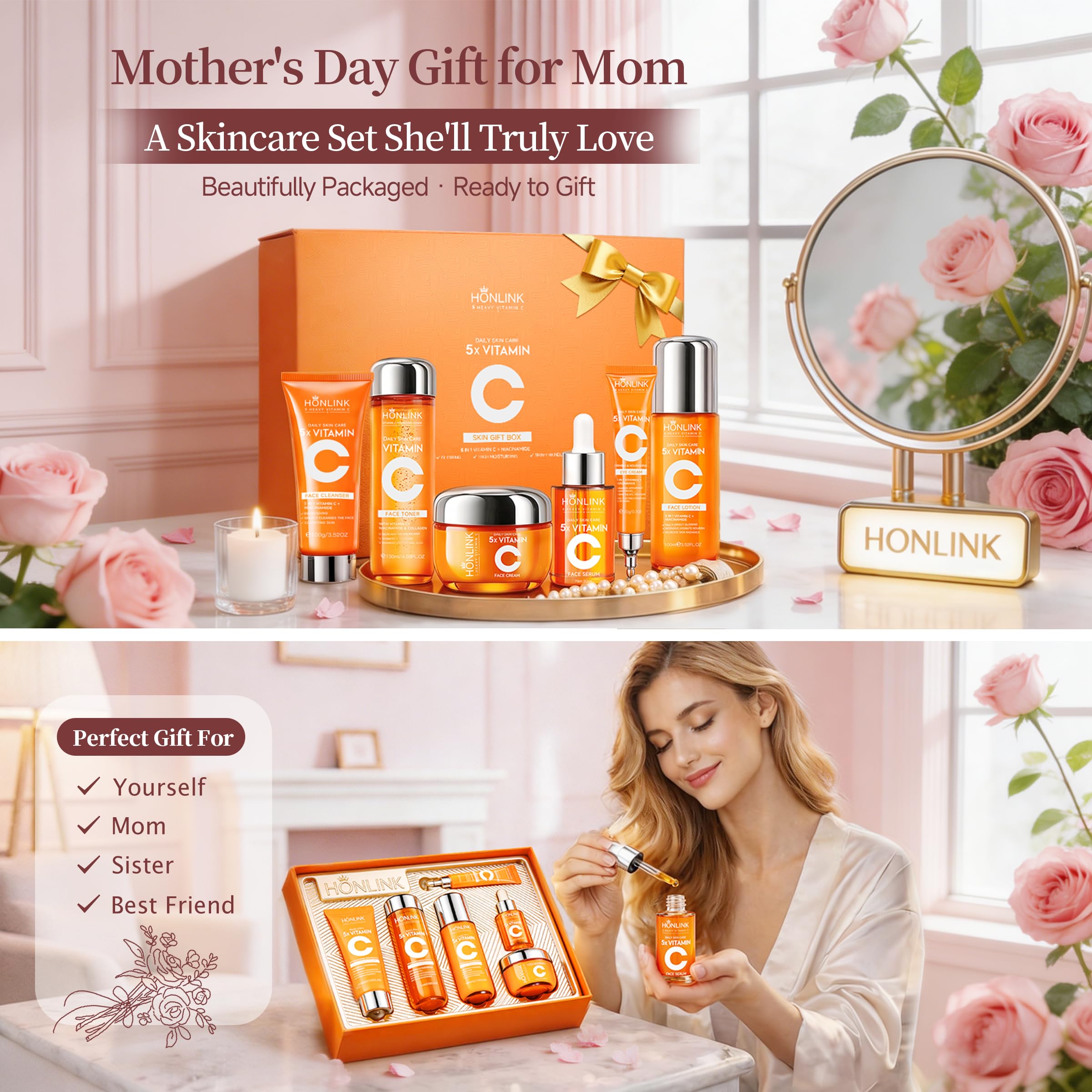 6-Piece Hydrating Skincare Set with Vitamin C & Niacinamide, Face Care Kit Includes Toner, Serum, Cleanser, Moisturizer, Eye Cream & Body Lotion | Mother’s Day Gift for Women