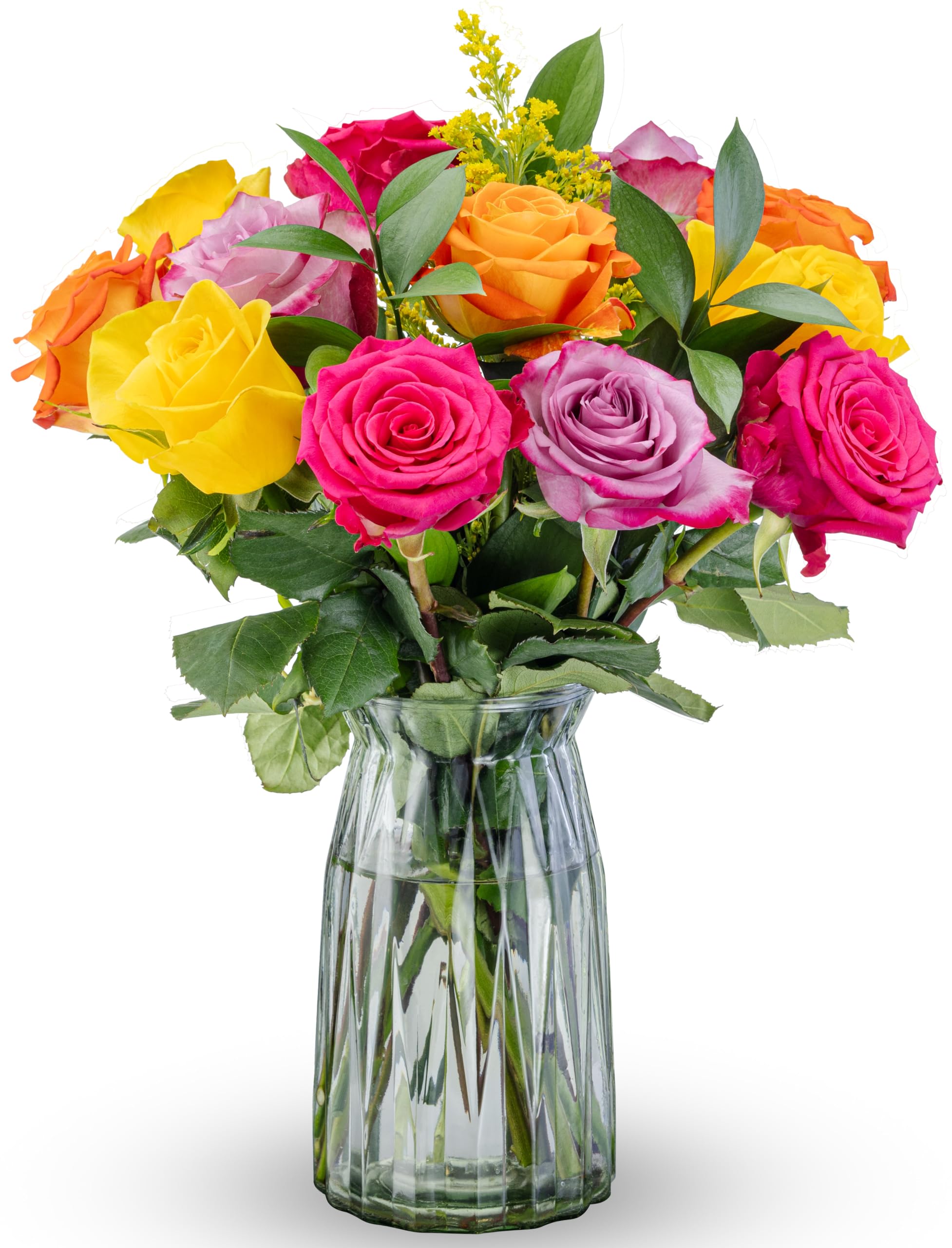 Benchmark Bouquets One Dozen Long Stem Rose Bouquet – Real Fresh Flowers for Delivery – Mother’s Day Roses Assorted Colors – Gifts for Mom, Birthdays & Celebrations – Glass Vase Included