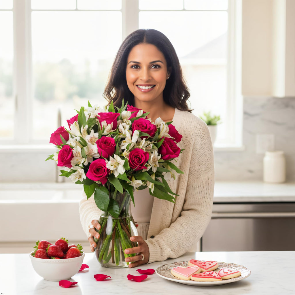 Benchmark Bouquets - Charming Roses & Alstroemeria (Glass Vase Included) - Fresh Flowers for Delivery - Gift for Graduation, Birthday, Anniversary, Sympathy, Get Well, Congratulations