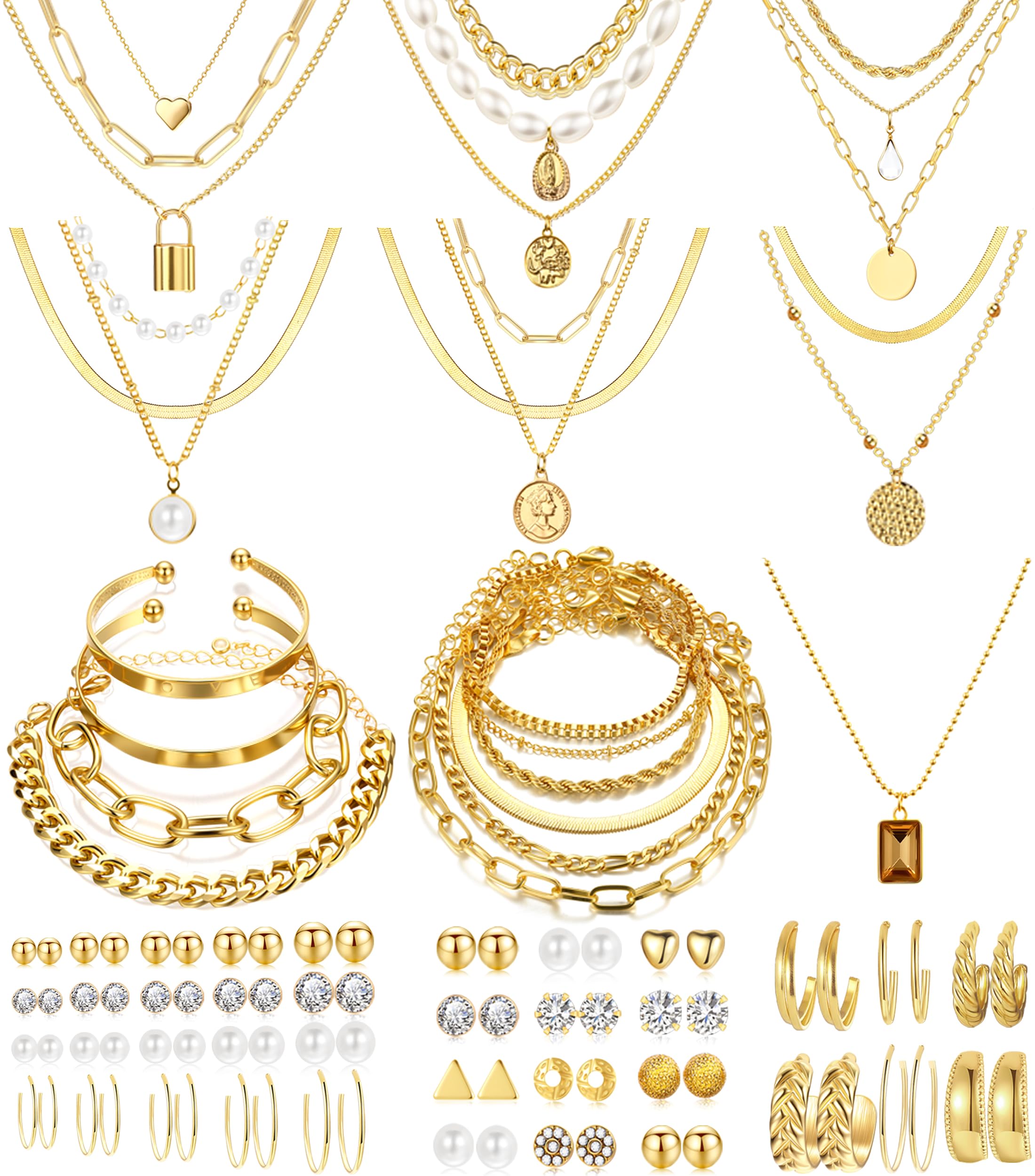 FAXHION 68 Pcs Gold Jewelry Set for Women with 7 Necklace, 17 Bracelet, 5 Hoop Earrings, 15 Stud Earrings, 24 Knuckle Rings for Women Jewelry Set for Women