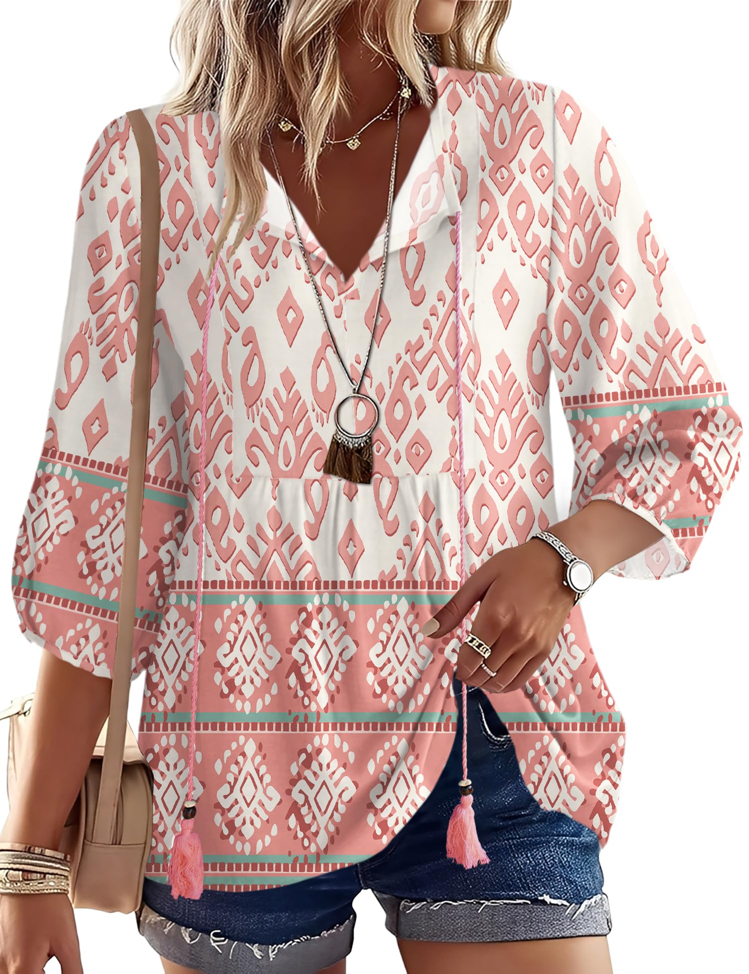 Rapbin Women Summer Boho Tops 3/4 Sleeve Pleated Blouses Casual V Neck Tie Front Spring Tunic Tops