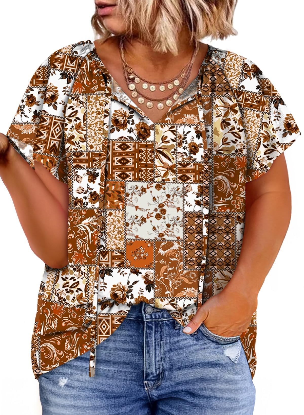 Eytino Women Plus Size Tops Boho Printed V Neck Short Sleeve Drawstring Casual Chiffon Shirts Blouse(1X-5X)