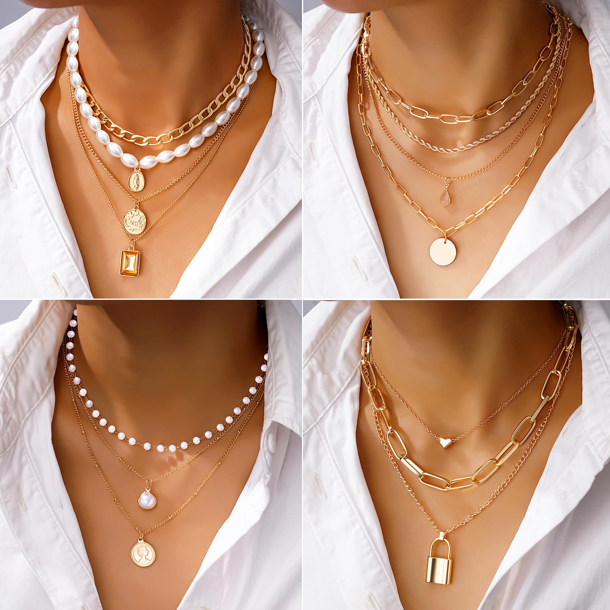 FAXHION 68 Pcs Gold Jewelry Set for Women with 7 Necklace, 17 Bracelet, 5 Hoop Earrings, 15 Stud Earrings, 24 Knuckle Rings for Women Jewelry Set for Women