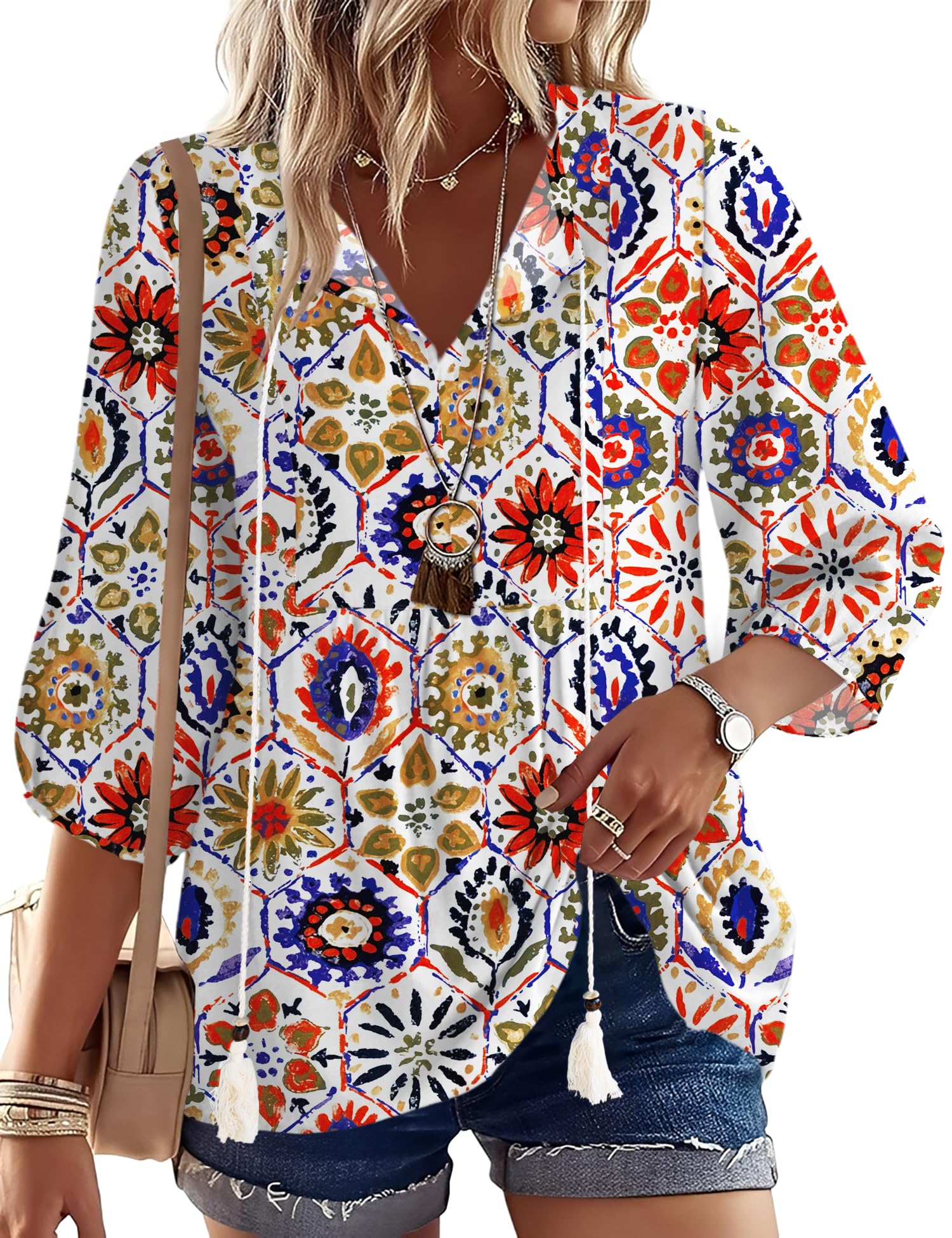 Rapbin Women Summer Boho Tops 3/4 Sleeve Pleated Blouses Casual V Neck Tie Front Spring Tunic Tops