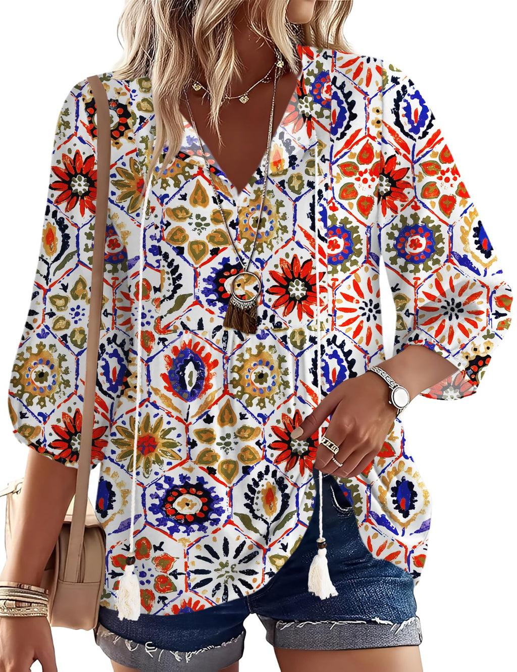 Rapbin Women Summer Boho Tops 3/4 Sleeve Pleated Blouses Casual V Neck Tie Front Spring Tunic Tops