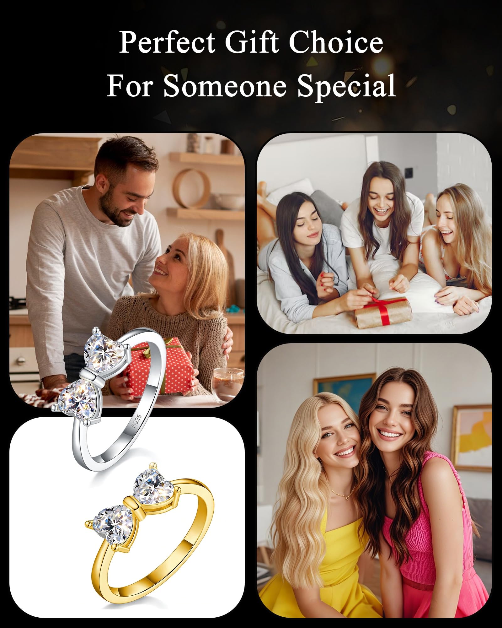 Moissanite Engagement Ring for Women, 1.6CT Two Heart Shaped Bow Ring, S925 Sterling Silver 18K White Gold Plated Stackable Infinity Wedding Band Travel Ring for Her