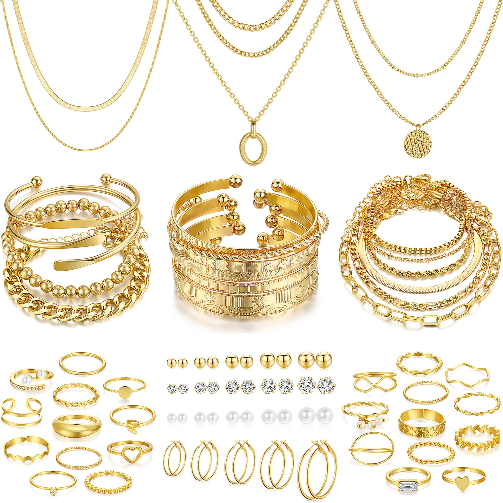 FAXHION 68 Pcs Gold Jewelry Set for Women with 7 Necklace, 17 Bracelet, 5 Hoop Earrings, 15 Stud Earrings, 24 Knuckle Rings for Women Jewelry Set for Women
