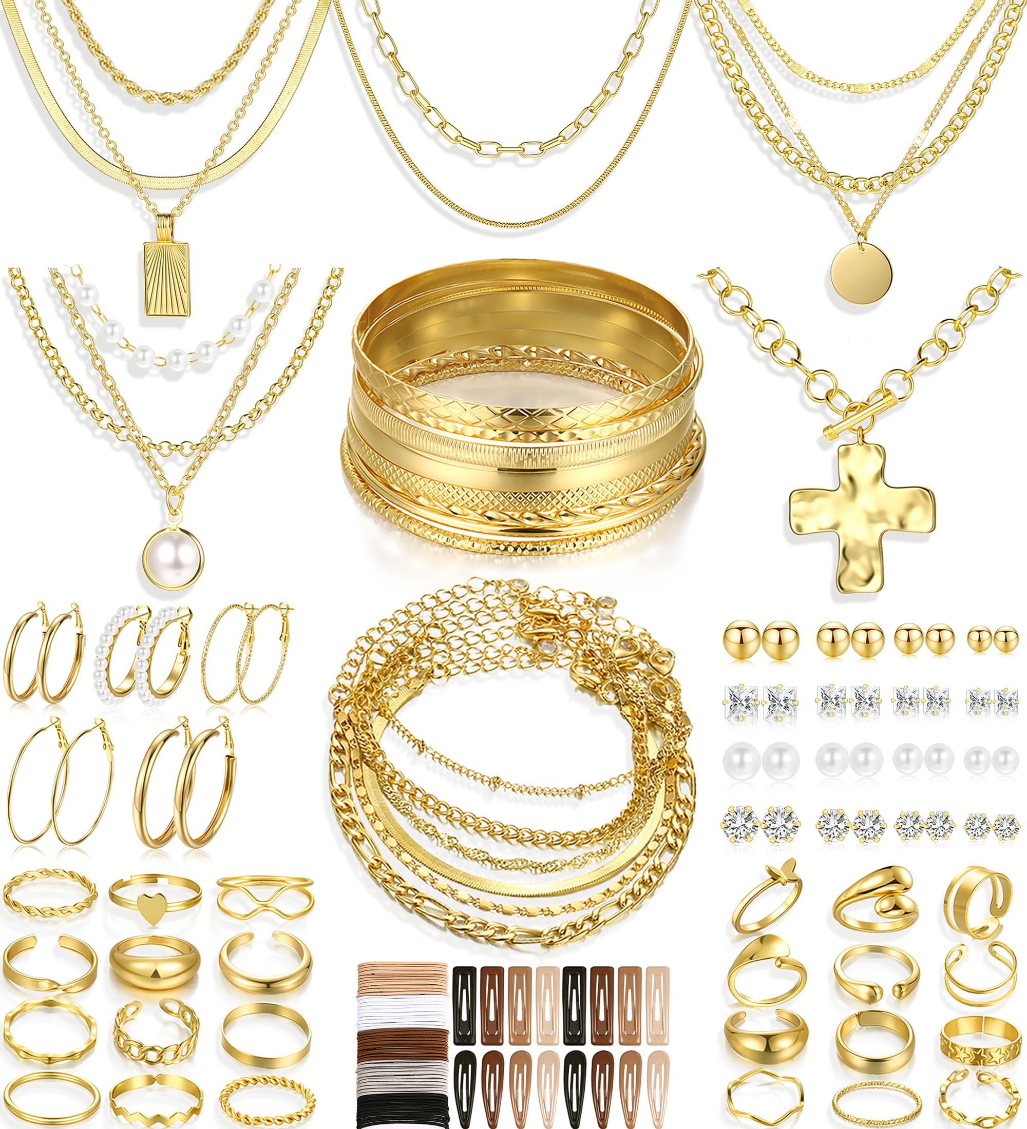 FAXHION 68 Pcs Gold Jewelry Set for Women with 7 Necklace, 17 Bracelet, 5 Hoop Earrings, 15 Stud Earrings, 24 Knuckle Rings for Women Jewelry Set for Women